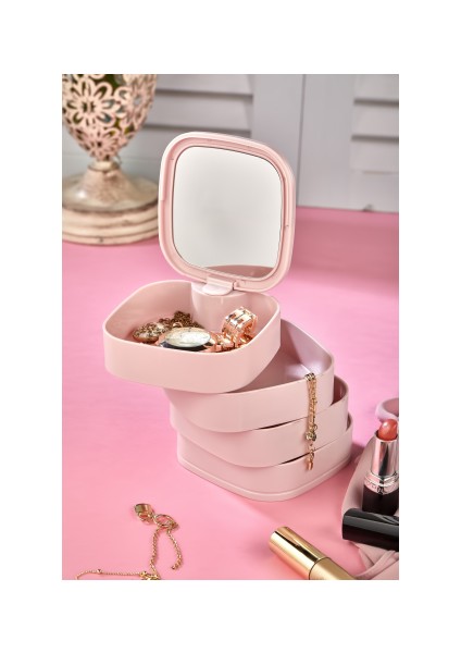 Takı Organizeri - 4 Katlı Aynalı Kare 360 Derece Dönebilen Takı Organizer Kutusu