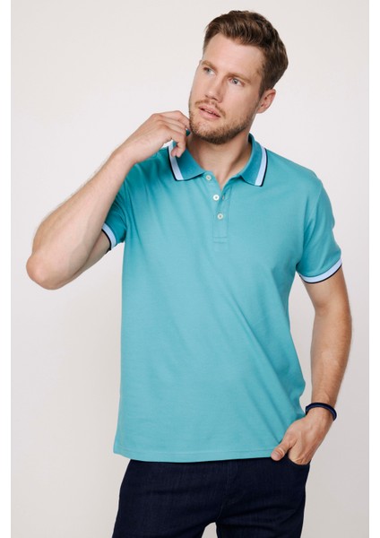 Erkek Polo Yaka Slim Fit Yaka ve Kol Şeritli Pike Turkuaz Tişört