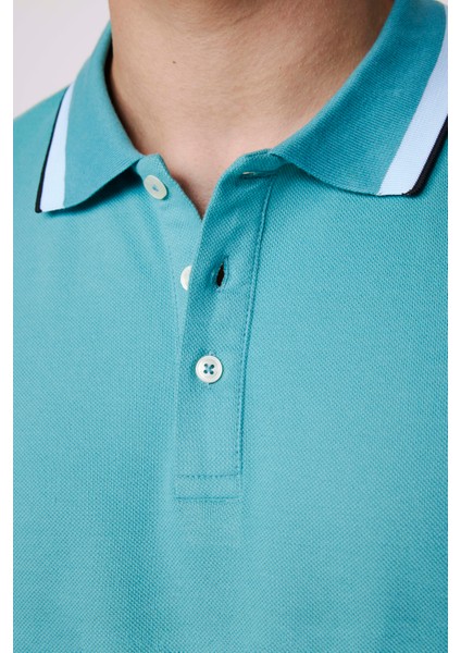 Erkek Polo Yaka Slim Fit Yaka ve Kol Şeritli Pike Turkuaz Tişört fırsatları