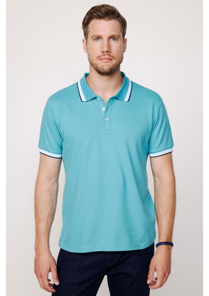 Erkek Polo Yaka Slim Fit Yaka ve Kol Şeritli Pike Turkuaz Tişört fiyatları