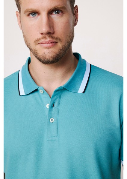 Erkek Polo Yaka Slim Fit Yaka ve Kol Şeritli Pike Turkuaz Tişört modelleri
