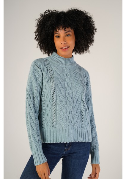 Kadın Mavi Saç Örgülü Yarım Balıkçı Yaka Yün Kazak TRIST-6143