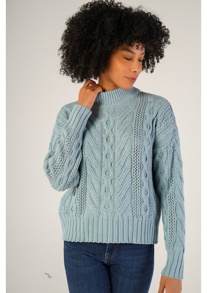 Kadın Mavi Saç Örgülü Yarım Balıkçı Yaka Yün Kazak TRIST-6143 fiyatları