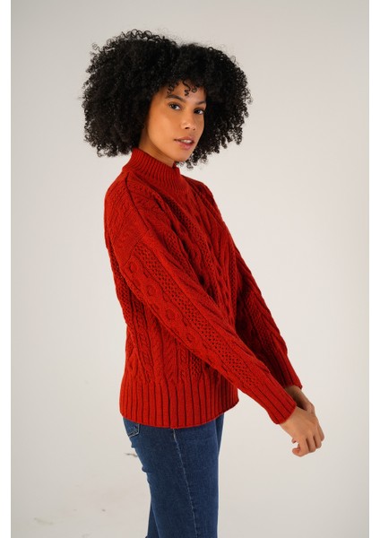 Kadın Kırmızı Saç Örgülü Yarım Balıkçı Yaka Yün Kazak TRIST-6143 fiyatları