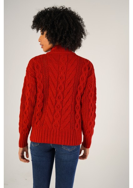 Kadın Kırmızı Saç Örgülü Yarım Balıkçı Yaka Yün Kazak TRIST-6143 modelleri