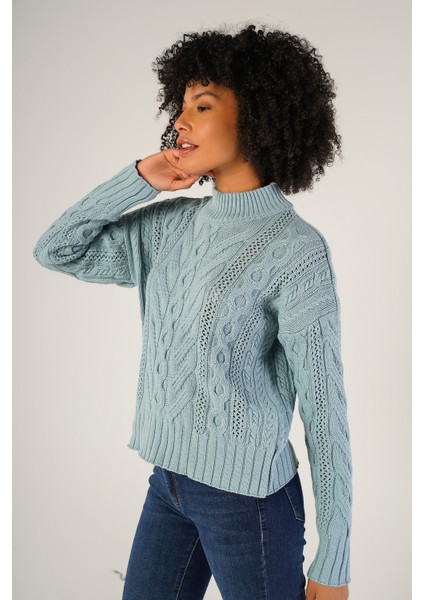 Kadın Mavi Saç Örgülü Yarım Balıkçı Yaka Yün Kazak TRIST-6143 fırsatları