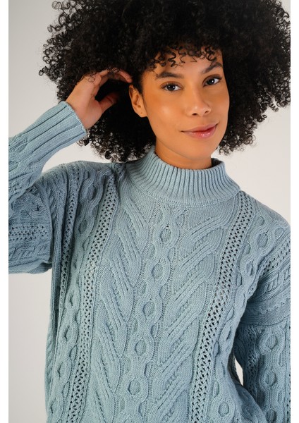 Kadın Mavi Saç Örgülü Yarım Balıkçı Yaka Yün Kazak TRIST-6143 indirimleri