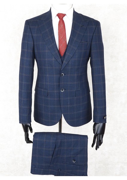 Slim Fit Sivri Yaka-Çift Yırtmaç Lacivert Kareli Drop 6 Yelekli Takım Elbise