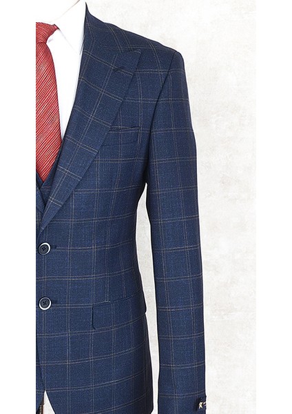 Slim Fit Sivri Yaka-Çift Yırtmaç Lacivert Kareli Drop 6 Yelekli Takım Elbise modelleri