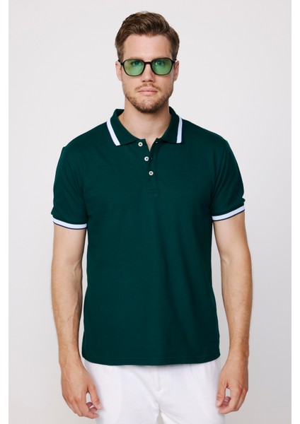 Erkek Polo Yaka Slim Fit Yaka ve Kol Şeritli Yeşil Pike Tişört