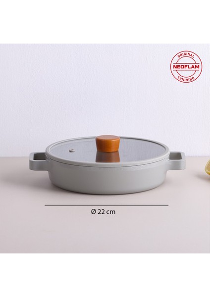 Fika Cam Kapaklı Alüminyum Döküm Sahan 22 cm Gri