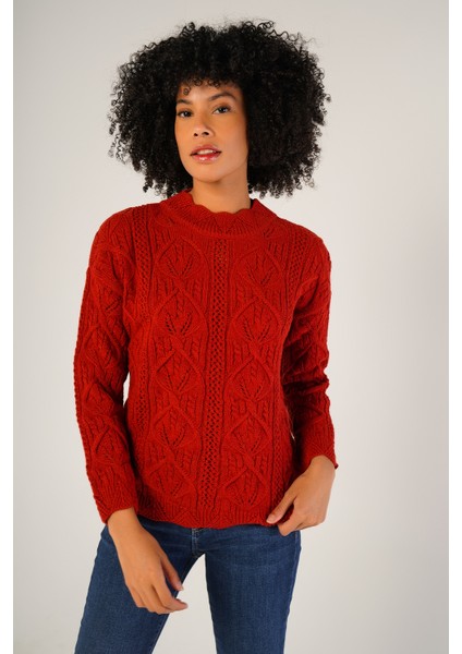 Kadın Kırmızı Saç Örgülü Bisiklet Yaka Yün Kazak TRIST-6144