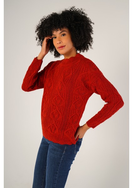 Kadın Kırmızı Saç Örgülü Bisiklet Yaka Yün Kazak TRIST-6144 fiyatları