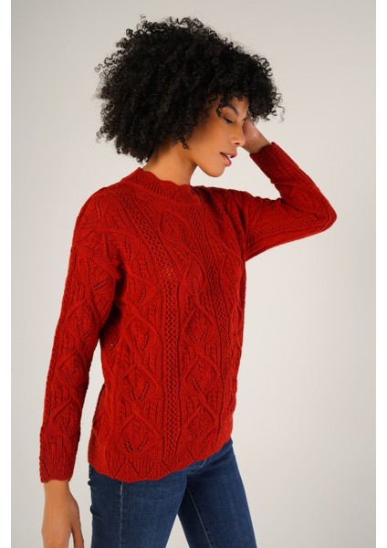 Kadın Kırmızı Saç Örgülü Bisiklet Yaka Yün Kazak TRIST-6144 modelleri