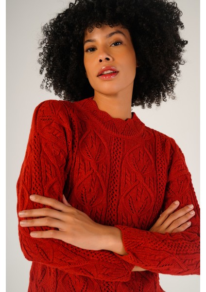 Kadın Kırmızı Saç Örgülü Bisiklet Yaka Yün Kazak TRIST-6144 indirimleri