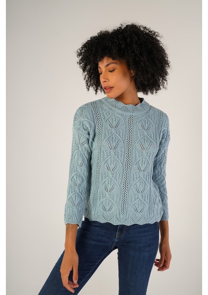 Kadın Mavi Saç Örgülü Bisiklet Yaka Yün Kazak TRIST-6144