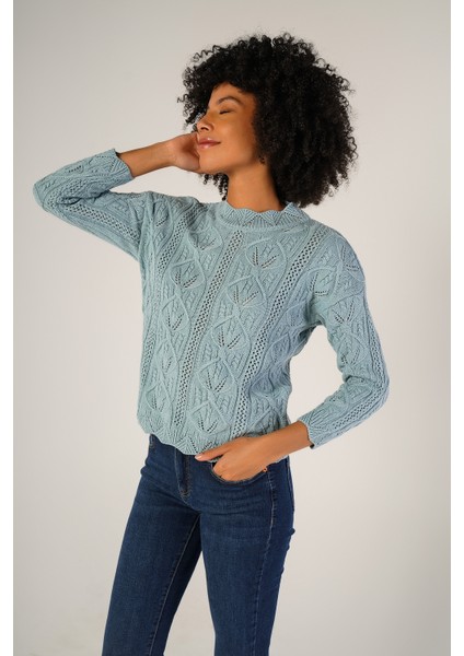 Kadın Mavi Saç Örgülü Bisiklet Yaka Yün Kazak TRIST-6144 fiyatları