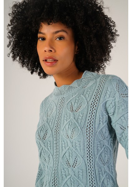 Kadın Mavi Saç Örgülü Bisiklet Yaka Yün Kazak TRIST-6144 indirimleri