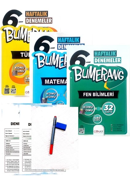 6.Sınıf Bumerang Matematik+Türkçe+Fen Bilimleri Deneme-Yeni Baskı-(Aydın+Okyanus Yayınları Deneme+Faber Kalem+Silgi)