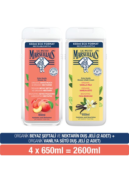 Beyaz Şeftali ve Nektari +Vanilya Sütü Duş Jeli 650 ml x 4 +Lif