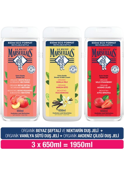 Beyaz Şeftali ve Nektarin 650 ml + Vanilya Sütü 650 ml +Akdeniz Çileği Duş Jeli
