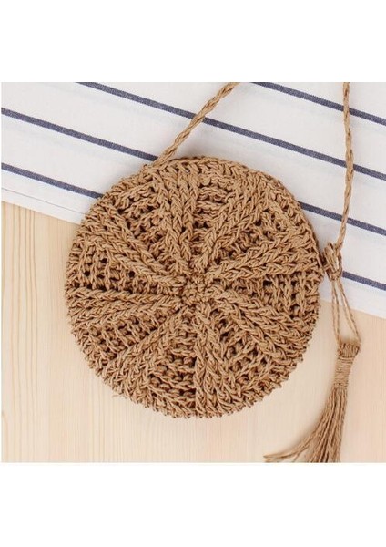 Kadınlar Için Yuvarlak 20 cm Yaz Hasır Çanta El Yapımı Püskül Plaj Çantaları 2023 Rafya Rattan Dokuma Çanta Tatil Omuz Crossbody Çanta Debriyaj (Yurt Dışından)