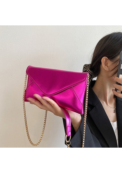 Gül Kırmızı Yeni Kadın Akşam Omuz Çantası Deri Debriyaj Çanta Düğün Parti Balo Düğün Zarf Çanta Gümüş Zincirli Crossbody (Yurt Dışından)