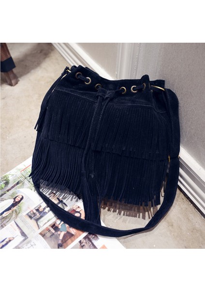 Siyah Moda Retro Sahte Süet Saçak Kadın Postacı Çantası Tote Yeni Çanta Püskül Omuz Çantaları Crossbody Çanta Püskül Kova (Yurt Dışından)