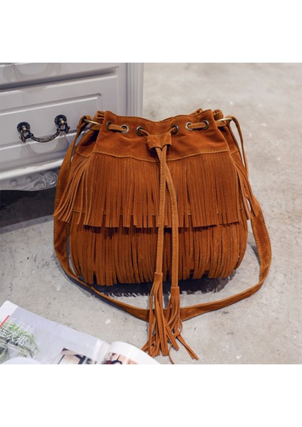 Kahverengi Moda Retro Sahte Süet Saçak Kadın Postacı Çantası Tote Yeni Çanta Püskül Omuz Çantaları Crossbody Çanta Püskül Kova (Yurt Dışından)