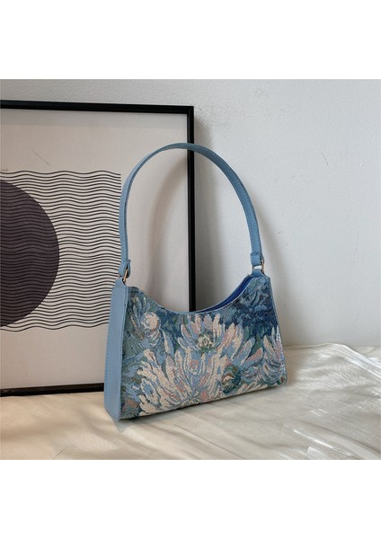 Mavi Kadın Koltuk Altı Çantaları Sonbahar 2022 Trendy Yeni Yağlıboya Omuz Çantası Sevimli Basit Çanta ve Cüzdanlar Kadın Seyahat Küçük Tote (Yurt Dışından)