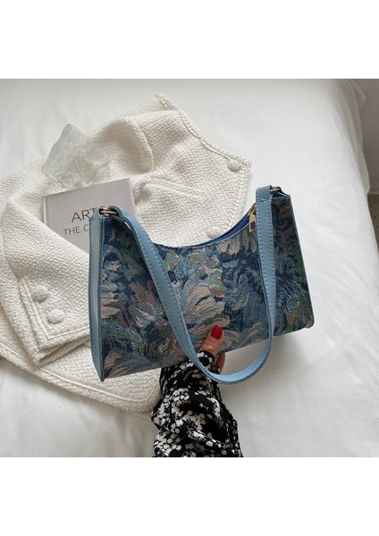 Mavi Kadın Koltuk Altı Çantaları Sonbahar 2022 Trendy Yeni Yağlıboya Omuz Çantası Sevimli Basit Çanta ve Cüzdanlar Kadın Seyahat Küçük Tote (Yurt Dışından) modelleri