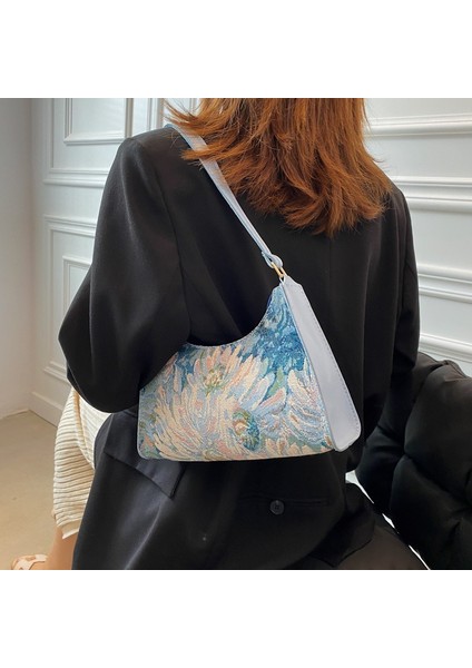 Mavi Kadın Koltuk Altı Çantaları Sonbahar 2022 Trendy Yeni Yağlıboya Omuz Çantası Sevimli Basit Çanta ve Cüzdanlar Kadın Seyahat Küçük Tote (Yurt Dışından) indirimleri