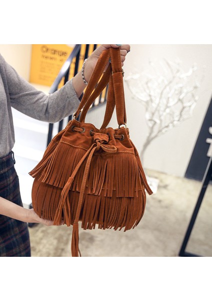 Kahverengi Moda Retro Sahte Süet Saçak Kadın Postacı Çantası Tote Yeni Çanta Püskül Omuz Çantaları Crossbody Çanta Püskül Kova (Yurt Dışından) modelleri