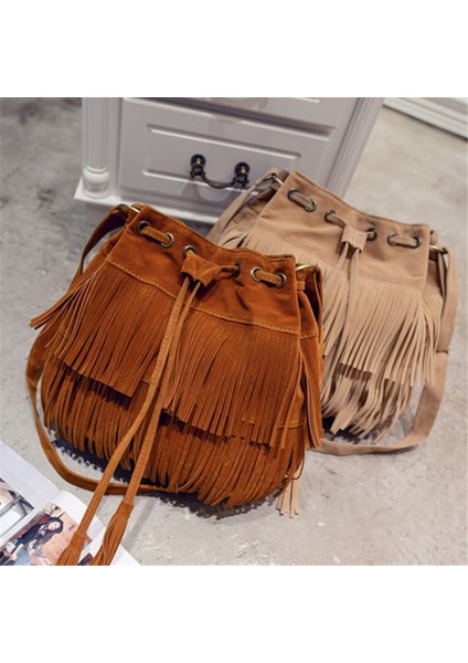 Kahverengi Moda Retro Sahte Süet Saçak Kadın Postacı Çantası Tote Yeni Çanta Püskül Omuz Çantaları Crossbody Çanta Püskül Kova (Yurt Dışından) fırsatları