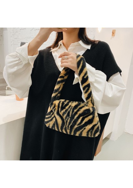 Beyaz Kış Vintage Zebra Desen Omuz Koltukaltı Çanta Kadın Peluş Sonbahar Çanta Bayan Çantası Için Yumuşak Sıcak Kürk Tote Çanta Ana Kesesi (Yurt Dışından)
