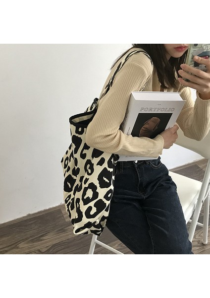 L Bej Pembe Leopar Omuz Çantası Kadın Büyük Kapasiteli Casual Tote Bayanlar Sevimli Kanvas Çantalar Kova Çanta 2021 Yeni (Yurt Dışından)