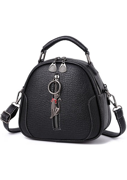 Black Splicing Leather Round Handbag Shoulder Bag Fashion Womens Crossbody Bags Ladies Totes Messenger Bags Purses Handbags Satchels (Yurt Dışından)