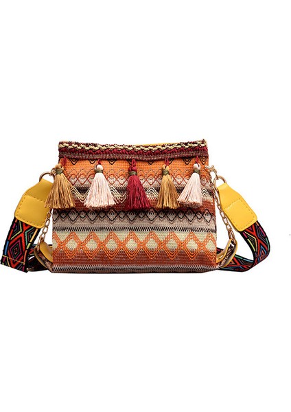 Sarı Kadın Etnik Stil Omuz Çantası Ayarlanabilir Askılı Alacalı Renk Fringe Dekorlu Fanny Paketi Rahat Crossbody Askılı Çantalar (Yurt Dışından)