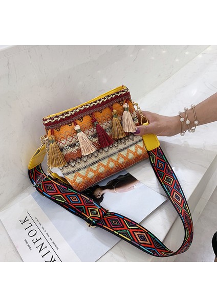 Sarı Kadın Etnik Stil Omuz Çantası Ayarlanabilir Askılı Alacalı Renk Fringe Dekorlu Fanny Paketi Rahat Crossbody Askılı Çantalar (Yurt Dışından) indirimleri