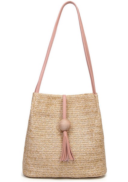 Pembe Kadın Hasır Çanta Bohemian Rattan Plaj El Çantası El Yapımı Örme Crossbody Kova Çantaları Yaz Püskül Plaj Çantası (Yurt Dışından)