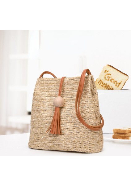 Pembe Kadın Hasır Çanta Bohemian Rattan Plaj El Çantası El Yapımı Örme Crossbody Kova Çantaları Yaz Püskül Plaj Çantası (Yurt Dışından) fiyatları