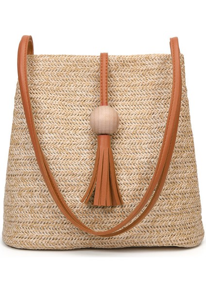 Pembe Kadın Hasır Çanta Bohemian Rattan Plaj El Çantası El Yapımı Örme Crossbody Kova Çantaları Yaz Püskül Plaj Çantası (Yurt Dışından) modelleri