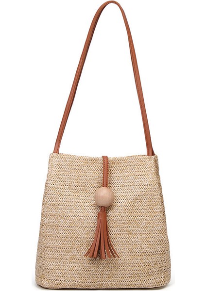 Pembe Kadın Hasır Çanta Bohemian Rattan Plaj El Çantası El Yapımı Örme Crossbody Kova Çantaları Yaz Püskül Plaj Çantası (Yurt Dışından) fırsatları