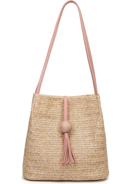 Pembe Kadın Hasır Çanta Bohemian Rattan Plaj El Çantası El Yapımı Örme Crossbody Kova Çantaları Yaz Püskül Plaj Çantası (Yurt Dışından) indirimleri