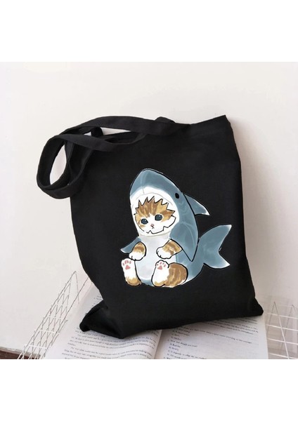 STD249-3 Kedi Köpekbalığı Tasarımcı Alışveriş Çantası Siyah Tote Çanta Shopper Shoper Çanta Çanta Tote Yeniden Kullanılabilir Net Eko Çanta Öğretmen Öğrenciler Hediye (Yurt Dışından)
