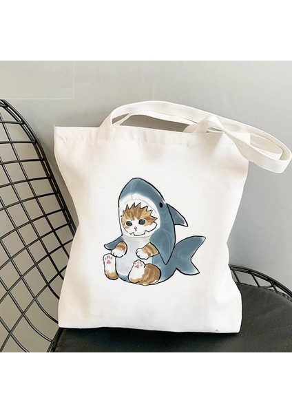 STD249-3 Kedi Köpekbalığı Tasarımcı Alışveriş Çantası Siyah Tote Çanta Shopper Shoper Çanta Çanta Tote Yeniden Kullanılabilir Net Eko Çanta Öğretmen Öğrenciler Hediye (Yurt Dışından)