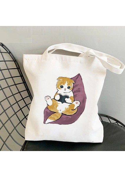 STD249-3 Kedi Köpekbalığı Tasarımcı Alışveriş Çantası Siyah Tote Çanta Shopper Shoper Çanta Çanta Tote Yeniden Kullanılabilir Net Eko Çanta Öğretmen Öğrenciler Hediye (Yurt Dışından)