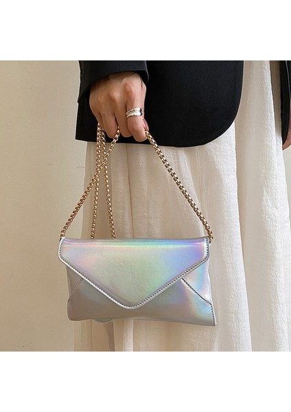 Şerit Yeni Kadın Akşam Omuz Çantası Deri Debriyaj Çanta Düğün Parti Balo Düğün Zarf Çanta Gümüş Zincirli Crossbody (Yurt Dışından)