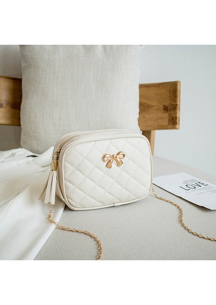 Yay Beyaz Yeni Moda Kadın Omuz Çantası Eşkenar Dörtgen Işlemeli Düz Renk Zinciri Kadın Omuz Crossbody Rahat Trendy Telefon Çantası (Yurt Dışından)