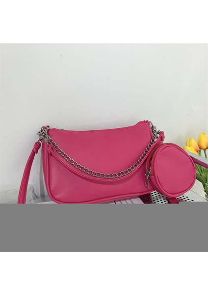 Gül Kırmızı Kadınlar Yumuşak Pu Deri Omuz Çantası Moda Kadın Günlük Katı Zincir Koltuk Altı Çanta Bayan Crossbody Çanta Tote Çanta 2 Adet Kompozit Set (Yurt Dışından)